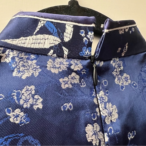 Navy Blue Silk Front Button Floral Print Chinese Short Sleeve Mandarin Collar - Picture 6 of 7